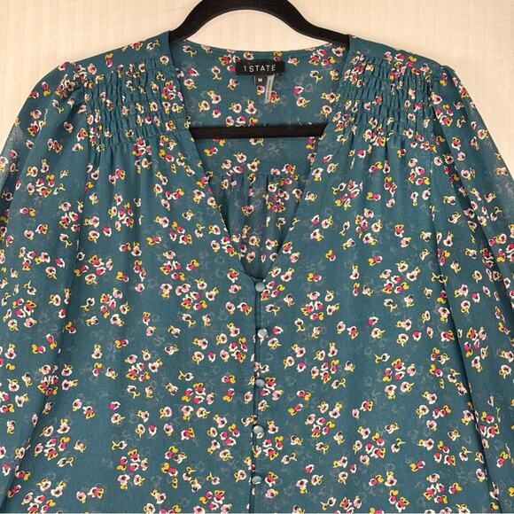 1. State Green Teal Red Floral Chiffon Blouse V-Neck Sheer Sleeves Size Medium - Picture 3 of 4